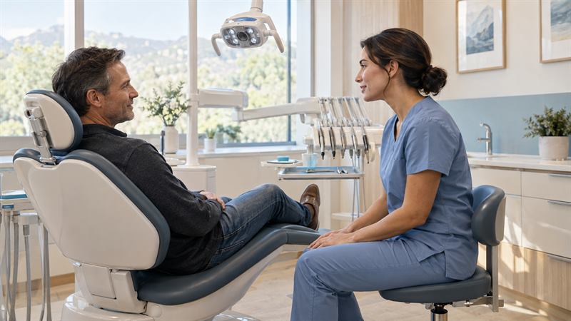 Consultorio odontologico moderno: odontologa conversando con un paciente