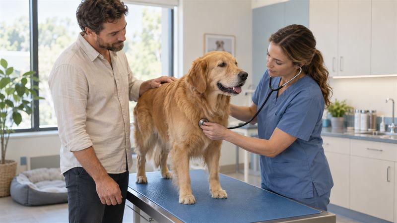 Veterinaria revisando a un perro junto a su dueno